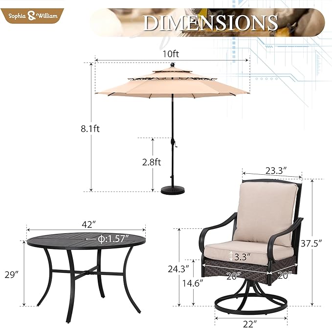 Sophia & William Patio Table and Chairs with 10ft 3 Tier Auto-tilt Beige Umbrella, 6 Piece Outdoor Table Furniture Set with 4 Padded Swivel Rocker Dining Chairs, 1 Round Metal Table and 1 Umbrella