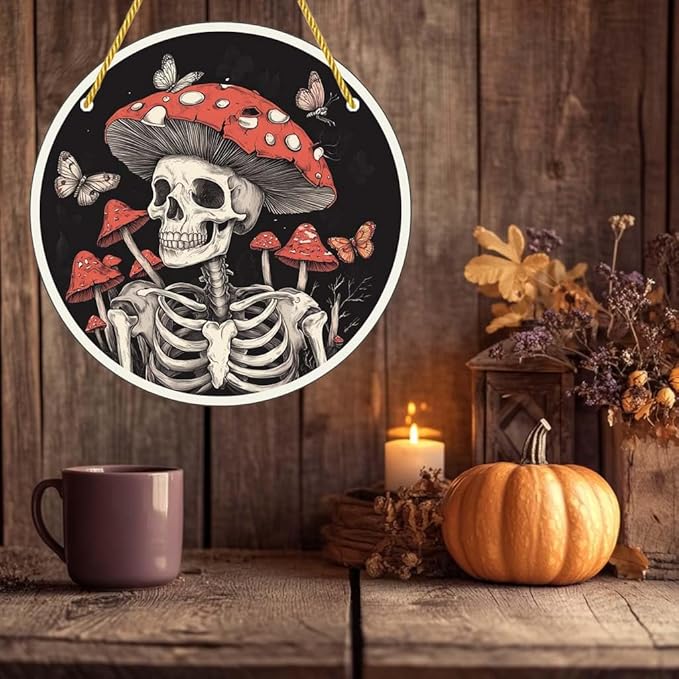 Acrylic Window Hanging Mushroom Skull Stained Panel Window Decoration for Halloween Decorations Outdoor Indoor Garden Yard Home Halloween Decor 12 Inch