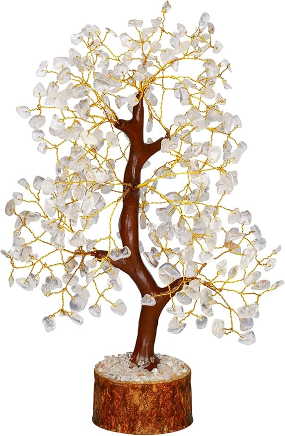 NARIBABU Clear Quartz Crystal Tree – 10-12 Inch Gemstone Tree with Golden Wire & Wooden Base – Healing Crystals Decor, Gifts for Her, Spiritual Gift, Birthday Gift for Women