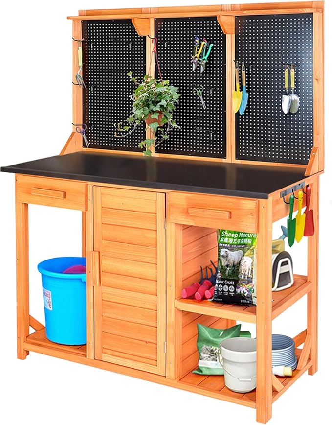Outdoor Garden Potting Bench, Horticultural Wooden Workstation Table with Storage Drawer, Cabinet, Metal Pegboard, Adjustable Hooks and Shelves for Backyard, Patio, Greenhouse