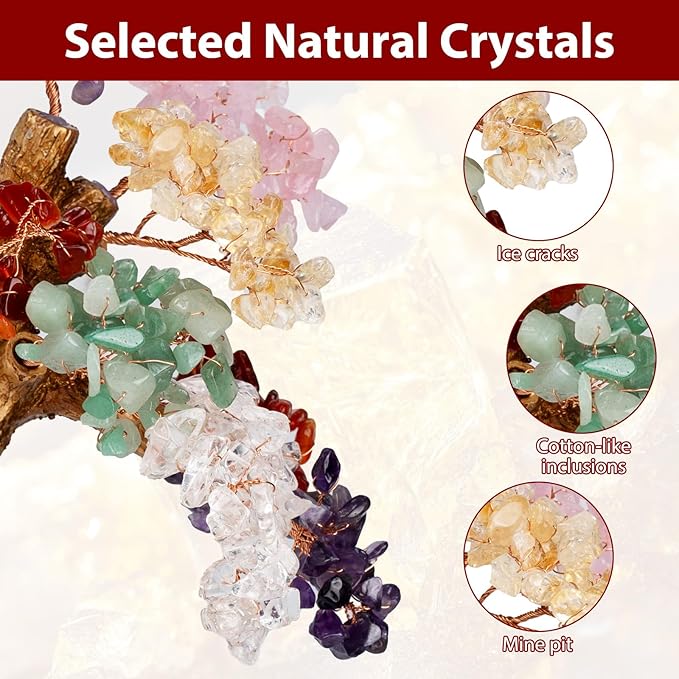 7 Chakra Crystal Money Tree on Gold Mini Elephant Statue, 10”Gemstone Bonsai Tree of Life Home Décor Gifts for Wealth Positive Energy, Feng Shui Décor
