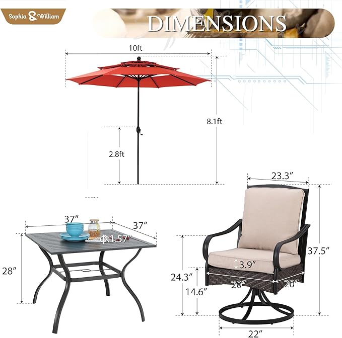 Sophia & William Outdoor Dining Set with Umbrella 6 Piece Patio Set for 4 with 10ft Patio Red Umbrella, 4 x Swivel Patio Chairs, 1 Square Table for Lawn Garden