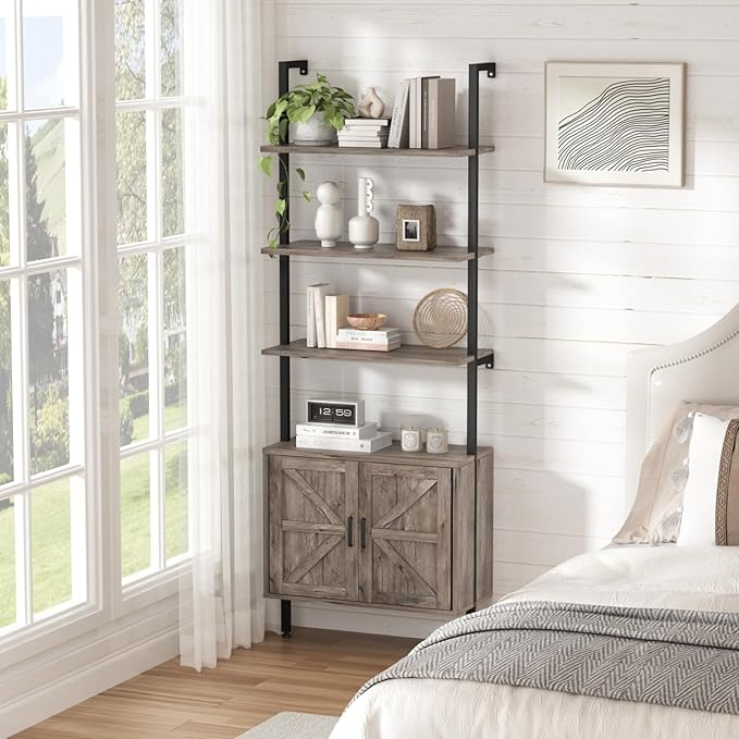 Ladder Bookshelf with Cabinet, 6 Tier Industrial Wall Mount Ladder Bookcase with Farmhouse Cabinet, Tall Narrow Open Ladder Shelf with Metal Frame for Living Room, Bathroom, Home Office, Rustic Grey