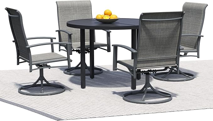 5 Piece Outdoor Dining Set, 42" Black Round Outdoor Dining Table with 4 Grey Swivel Patio Table and Chair Set of 4 for Lawn, Garden, or Porch