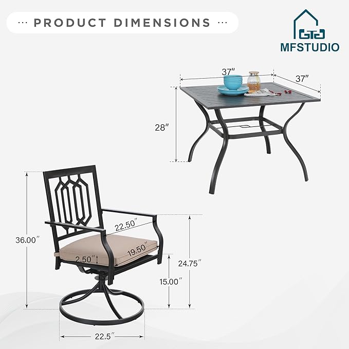MFSTUDIO 5 PCS Metal Outdoor Patio Furniture Dining Set, 4 Metal Swivel Chairs and Square Dining Table with Umbrella Hole, Black
