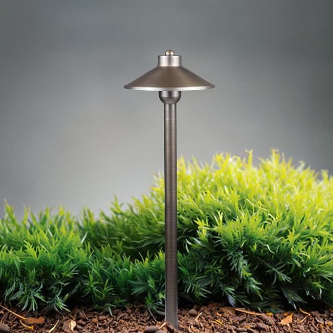 DOSHINE® Solid Brass Low Voltage Landscape Lighting Pathway Lights (7" Shade, 22" Tall) with Replaceable 3W G4 LED Bulb 3000K AC/DC 12V and Ground Stake for Outdoor Walkway Driveway (HAT, 4-Pack)