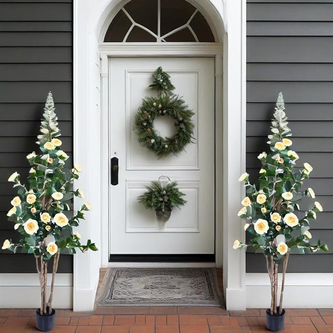 5ft Decorative Artificial Camellia Tree with Yellow Flowers, Potted Faux Floral Plant, Realistic Blooming Fake Plants for Indoor Outdoor Home Front Door Planter Decor