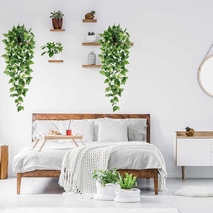 BLEUM CADE 1pcs Fake Hanging Plants Kit with Pot and Plant Hanger, Artificial Pothos Vines Hanging Potted Plant Greenery for Home Living Room Indoor Outdoor Decor