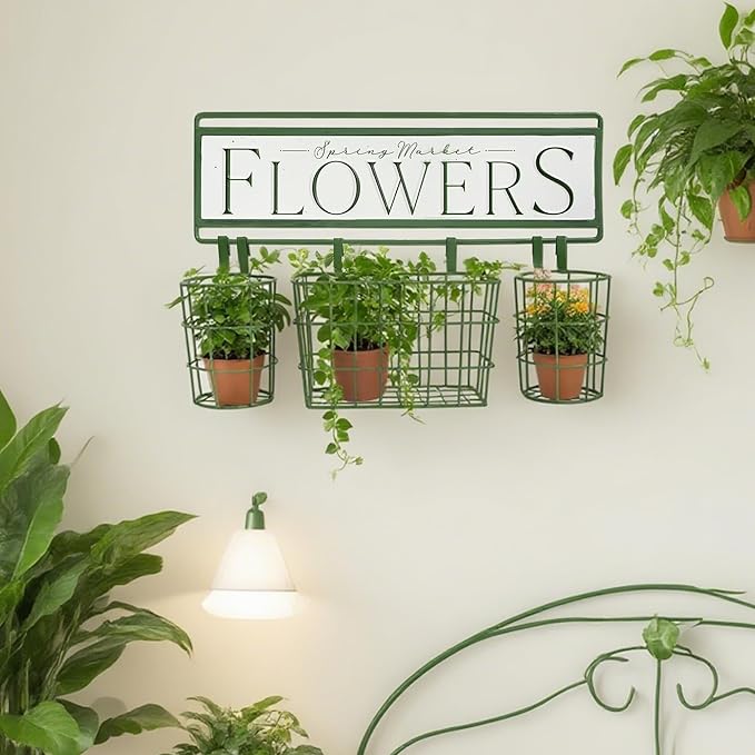 Rustic Spring Market Flowers Wall Planter Set, Farmhouse Metal Hanging Planter with 3 Baskets, Decorative Indoor Outdoor Plant Holder for Succulents, Herbs (Flowers)