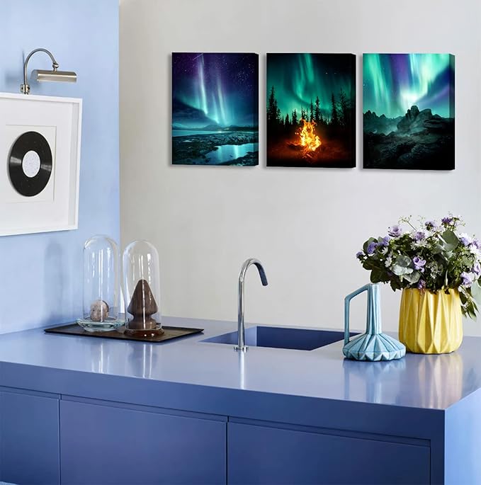 BLINFEIRU Northern Lights Canvas Wall Art Set of 3, Aurora Borealis Pictures for Living Room Decor, Modern Farmhouse Bedroom Paintings Prints, Home Office Artwork, Framed Ready to Hang