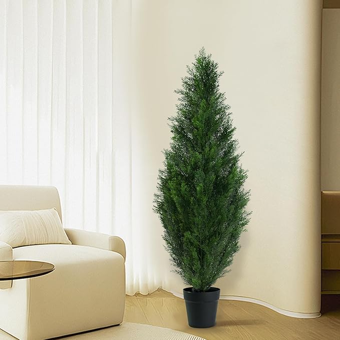 4FT Artificial Topiary Cedar Tree, Fake Cedar Plant for Indoor Outdoor Décor, UV Resistant Faux Evergreen Tree for Home Garden Porch Office, Artificial Christmas Tree Alternative Decoration,2Pack