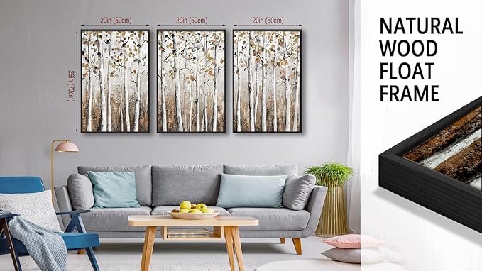 Large Framed Tree Wall Art - Abstract Forest Wall Decor 20"x28" Set of 3 Aesthetic Autumn Birch Painting Prints Modern Brown Plant Canvas Pictures for Living Room Bedroom Office Artwork