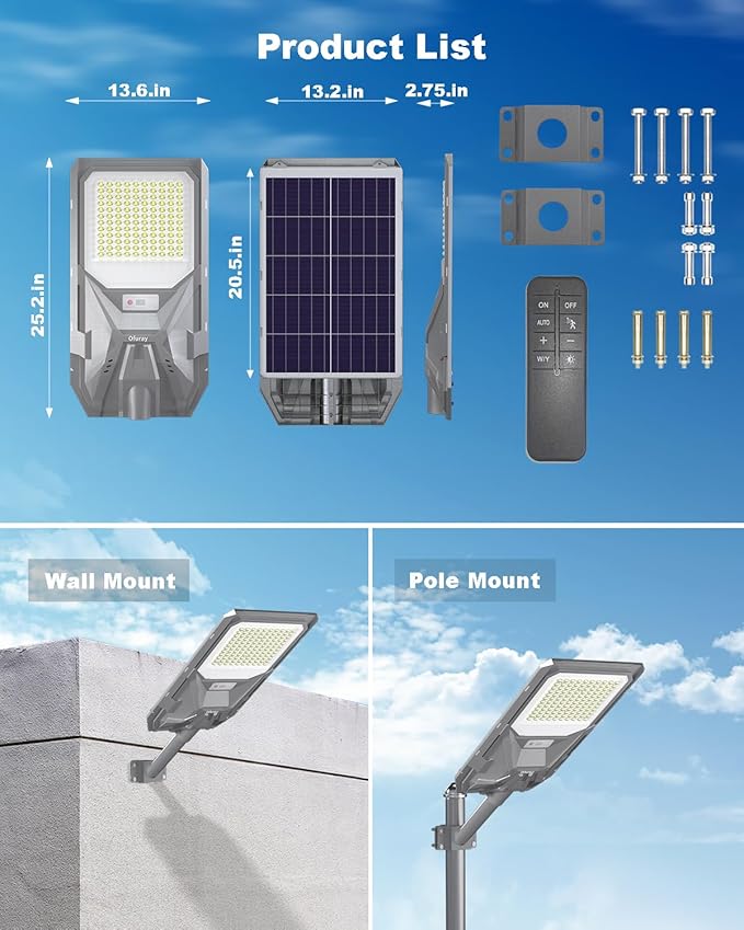 Ofuray Of-4000W Solar Street Lights Outdoor,24,000Mah High Power Solar Security Flood Lights Parking Lot Lights Commercial Dusk to Dawn, 6500k ip67 with Motion Sensor for Street,Court,Barn