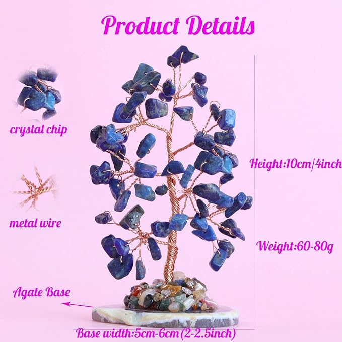 Lapis Lazuli Healing Crystal Tree of Life Natural Gemstone Agate Slice Base Copper Wire Wrapped Money Trees Feng Shui Spiritual Energy Decorations Home Office Room Desk Decor Gifts for Women Men