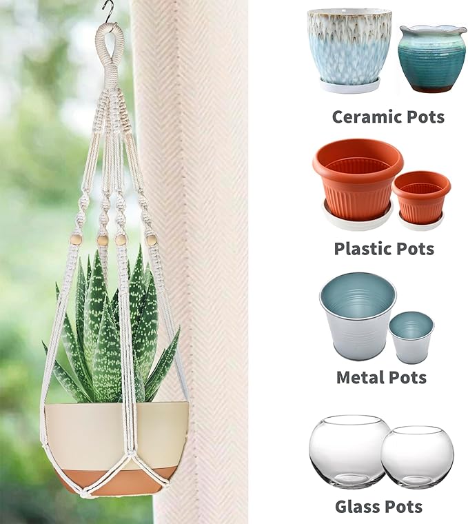Macrame Plant Hanger Indoor with Wood Beads and No Tassels,35 Inch Extra Long Strong Hanging Planter Flower Pot Holder Boho Home Decor,Set of 2,Ivory(Pots Not Included)