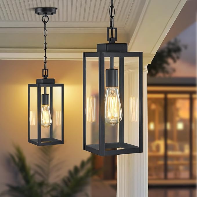 15'' Large Outdoor Pendant Light, Modern Outside Chandelier Outdoor Hanging Lantern Light, Matte Black with Clear Glass, Exterior Pendant Lighting Fixture Ceiling Mount for Porch, Gazebo, 1Pack