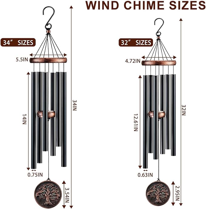 Wind Chimes for Outside, Vintage Tree of Life Deep Tone Wind Chime Outdoor Clearance, Memorial/Festivals/Birthday Gift for Mom Dad Women Grandma, Garden Porch Patio Decor (34" Tree of Life)