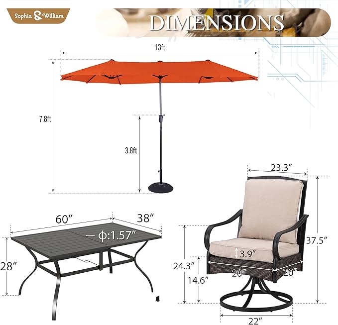 Sophia & William Patio Table and Chairs Set with Umbrella 8 Piece Outdoor Dining Set for 6 with 13ft Double-Sided Patio Red Umbrella, 6 x Swivel Patio Chairs, 1 Metal Table for Lawn Garden