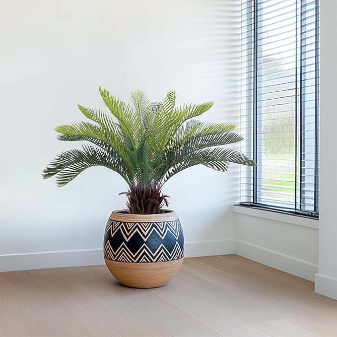 2ft Artificial Cycad Tree UV Resistant with Lifelike Bark & Realistic Leaves, 24in Super Full Faux Sago Palm Tree, for Porch Patio Front Door Home Office Decor