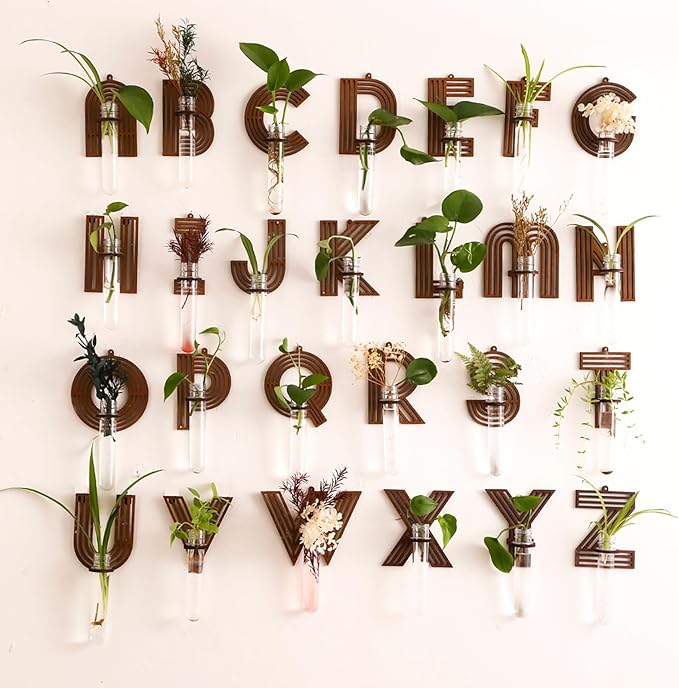 Wood Letter Wall Planter Terrariums Propagation Station with Test Tube Clear Flower Vase for Hydroponics Custom Vertical Garden Walnut DIY Home Decor Hanging Plant Holder Alphabet
