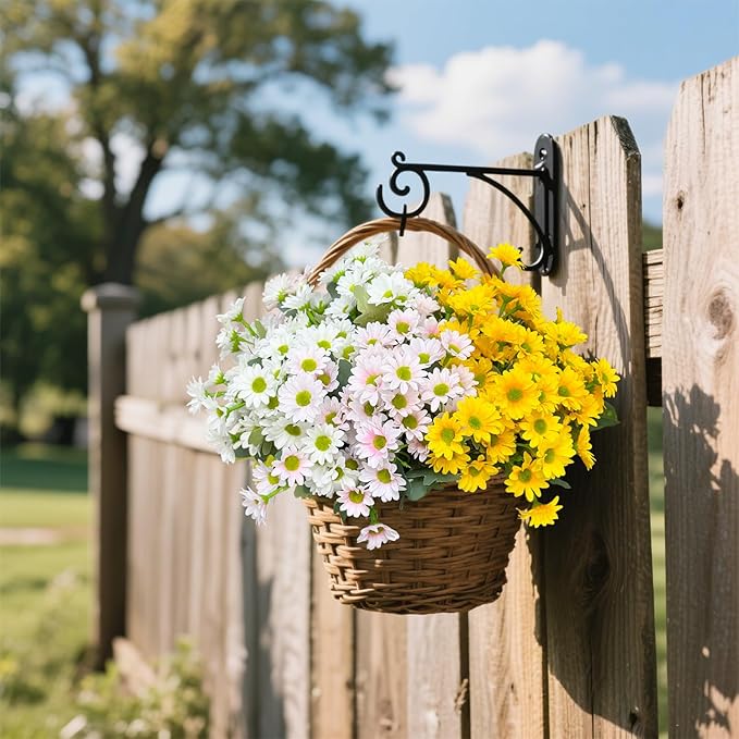 Artificial Fake Mums Flowers Plants for Outdoors,12 Bundles Faux mums Mix Silk Glory UV Sun Resistant, Realistic Flowers for Planter Porch Patio Yard Balcony Home Decor (Yellow/White/Pink)