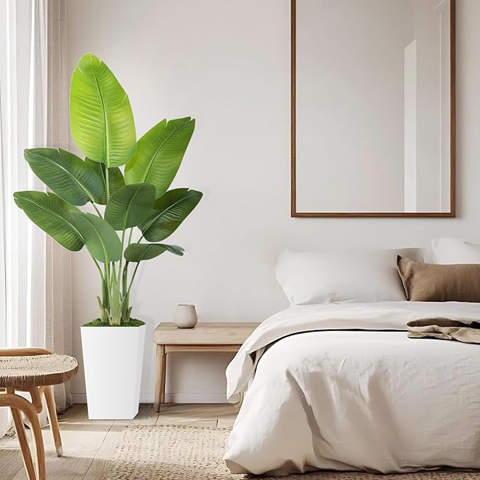 Lifelike Bird of Paradise Artificial Plant 5ft Faux Banana Leaf Tree with White Tall Planter for Home Decor - Perfect Indoor Silk Floor Plant for Living Room, Office, and Bedroom Ambiance Enhancement