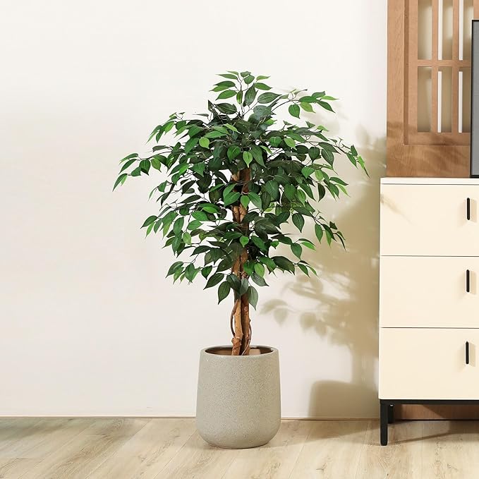 4ft Artificial Ficus Tree with Natural Wood Trunk, Silk Fake Ficus Tree in Plastic Nursery Pot, Faux Plant for Office Home, Indoor Outdoor Decor, 1 Pack