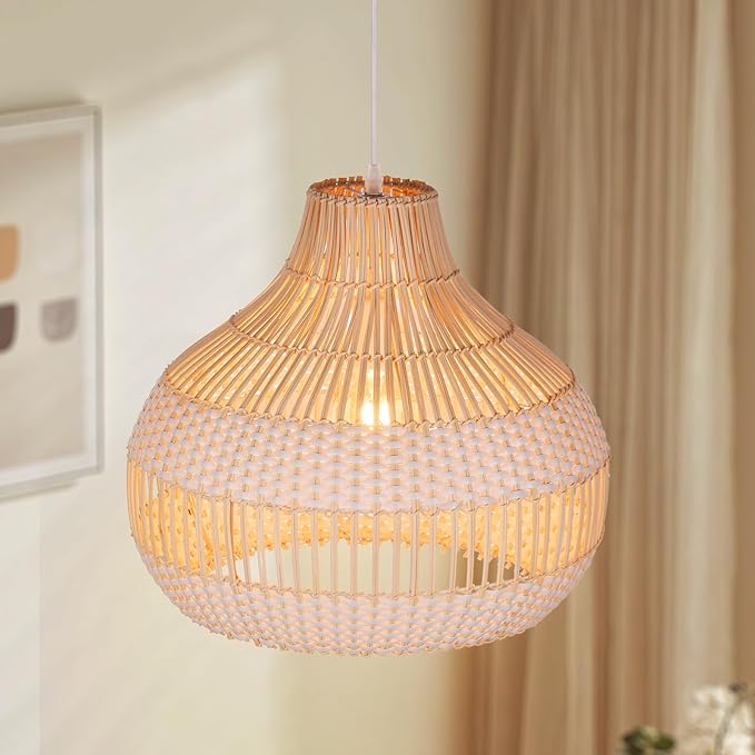 Arturesthome Rattan Chandelier for Kitchen Island,15.72" White Boho Woven Basket Pendant Light,Handmade Wicker Hanging Light for Living Room,Bedroom