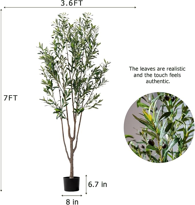 7FT Artificial Olive Tree Tall Faux Silk Plant Tall Faux Olive Tree with Natural Wood Trunk & Lifelike Fruits Fake Potted Tree or Home Office Decor