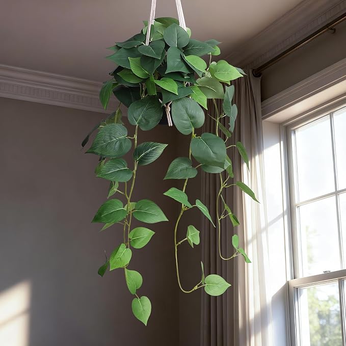 alyptus Fake Hanging Pothos – Realistic Pothos Plant for Indoor & Outdoor Decor, Lush Faux Hanging Plants with Vines for Shelves, Counters, Home & Office Greenery - Green