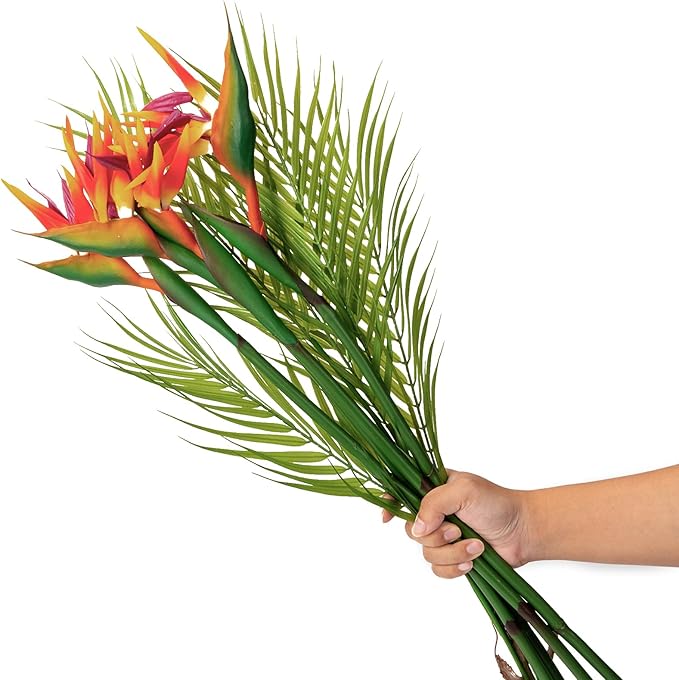 5Pcs 33.4Inch Artificial Birds of Paradise Plant Faux Birds of Paradise Stems for Vases with Palm Leaves for Wedding Home Party Hotel Table Centerpiece Indoor Outdoor Vases Decor(Green)