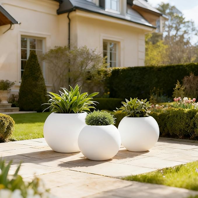 15.8”Dx12.2”H Lightweight Durable Modern Plastic Sphere Planter with Drainage Hole & Rubber Plug Weather Resistant,Planters for Indoor Plants & Outdoor,Large Plant Pot,(White, 10.4" Pot Opening)