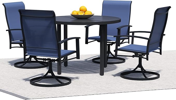 5 Piece Outdoor Dining Set, 42" Black Round Outdoor Dining Table with 4 Blue Swivel Patio Table and Chair Set of 4 for Lawn, Garden, or Porch