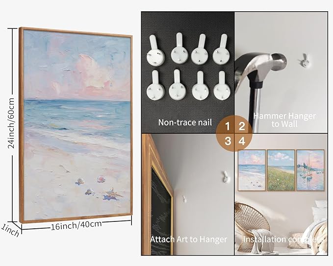 Rantodecor Impressionist Framed Canvas Wall Art, Blue and White Pink Beach Wall Decor, Pastel Preppy Sailboat Posters Art Prints, Coastal Beach House Artwork for Bedroom Living Room Office 16"x24"x3