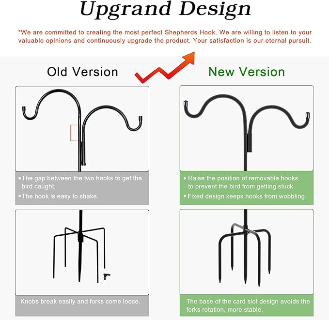 Gtongoko Double Shepherds Hook for Outdoor, 92 Inch Bird Feeder Pole with 5 Prongs Base, 5/8 Inch Thick Heavy Duty Adjustable Garden Hook for Hanging Plant, Lantern, Hummingbird Feeder, 1 Pack
