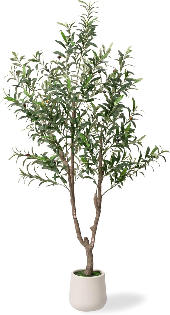 Fake Tree Faux Olive Tree with White Tall Planter Tall Fake Plant Faux Trees Indoor Olive Trees Artificial Indoor Suitable for Home Decoration Hotel Dining Room Office Decoration 6 Feet Tall