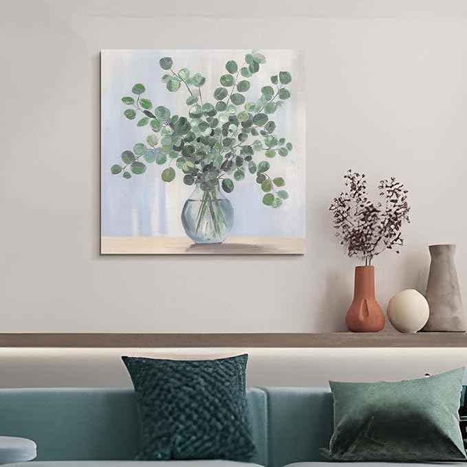 ArtSquare Botanical Leaves Canvas Wall Art - Sage Green Pictures Eucalyptus Plant Decor for Bathroom Bedroom 24x24 Inch