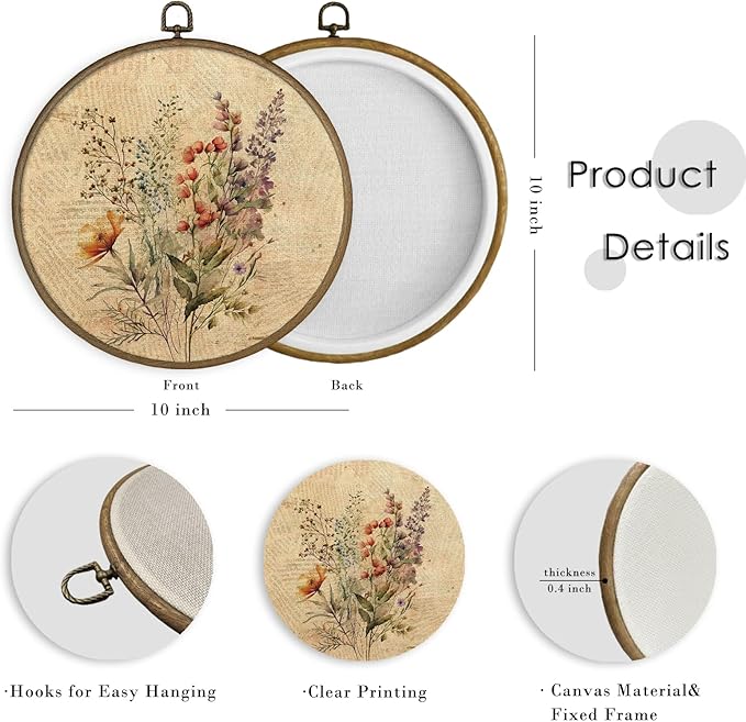 MAQIKA Boho Floral Framed Wall Art Decor, Vintage Floral Wall Art, Retro Wildflower Round Wall Hanging Decor, Framhouse Botanical Canvas Prints Wall Art for Bathroom Nursery Living Room, 10x10 Inch
