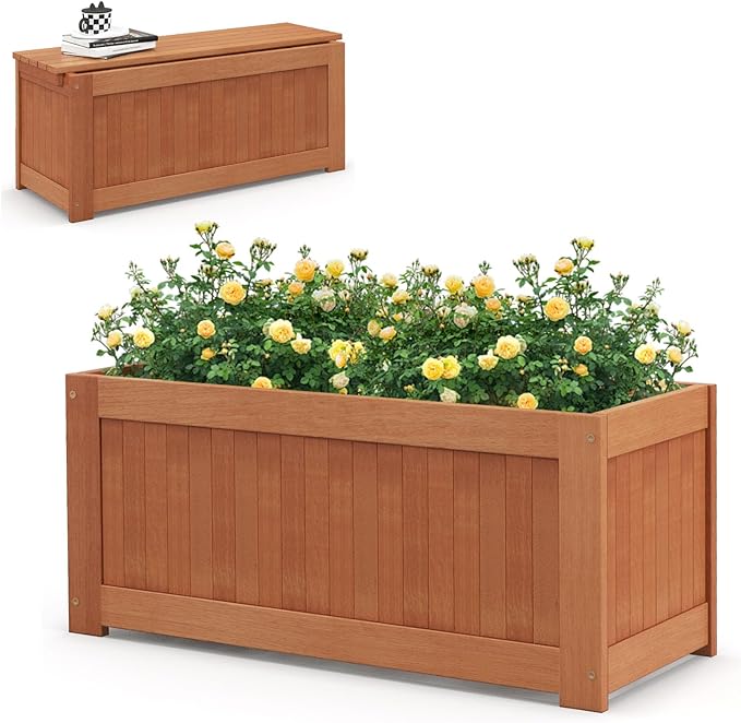 2 Pack Outdoor Planter Benches, 45 Gallon Outdoor Bench Wooden Raised Garden Bed with Planter Box, 2-in-1 Wood Planter Bench Deck Plant Box for Porch, Patio, Garden & Backyard