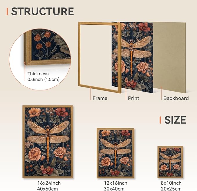 CAZLOUC Vintage Dragonfly Wall Art, William Morris Botanical Wall Decor, Neutral Insect Flower Poster Print, Dark Nature Floral Aesthetic Picture for Living Room Bedroom Wood Framed 12x16 Inch