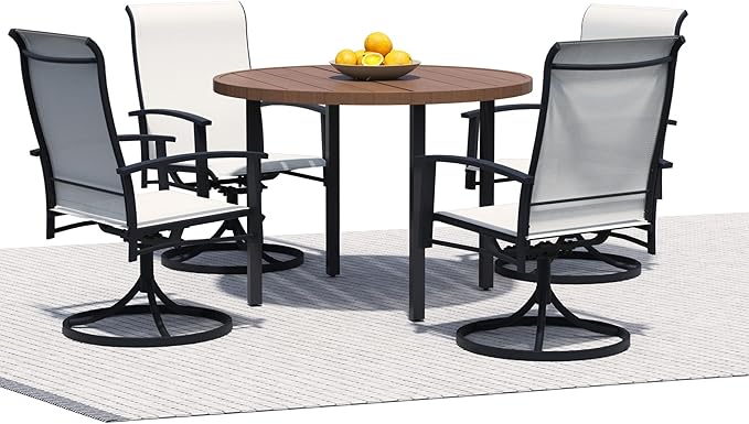5 Piece Outdoor Dining Set, 42" Walnut Round Outdoor Dining Table with 4 Oyster Beige Swivel Patio Table and Chair Set of 4 for Lawn, Garden, or Porch