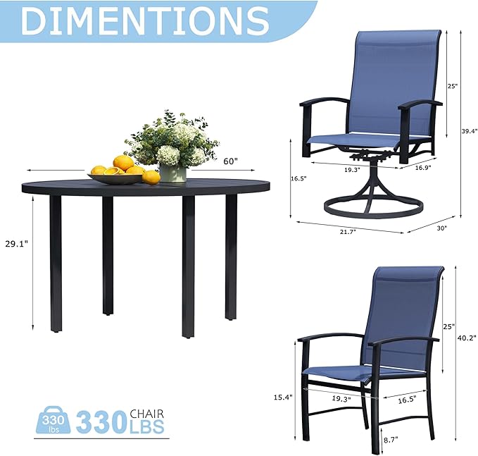 9 Piece Outdoor Dining Set, 60" Black Round Outdoor Dining Table with 4 Blue Swivel Outdoor Dining Chairs and 4 Fixed Patio Table and Chair Set of 8 for Lawn, Garden, or Porch
