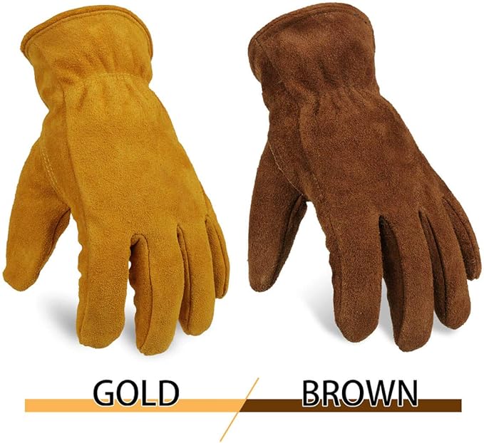 OZERO Work Gloves Winter Insulated Snow Cold Proof Leather Glove Thick Thermal Imitation Lambswool - Extra Grip Flexible Warm for Working in Cold Weather for Men and Women (Gold,Large)