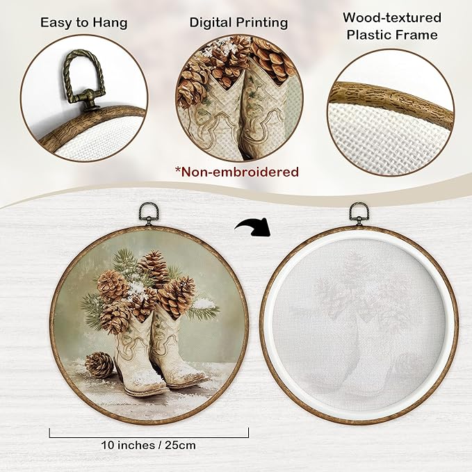 TLESKE Winter Western Cowgirl Pinecones Round Wall Art Decor Framed 10x10, Pine Cones Preppy Cowgirl Boot Canvas Wall Art Prints Artwork, Christmas Cowboy Hanging Wall Picture Room Decor for Bedroom