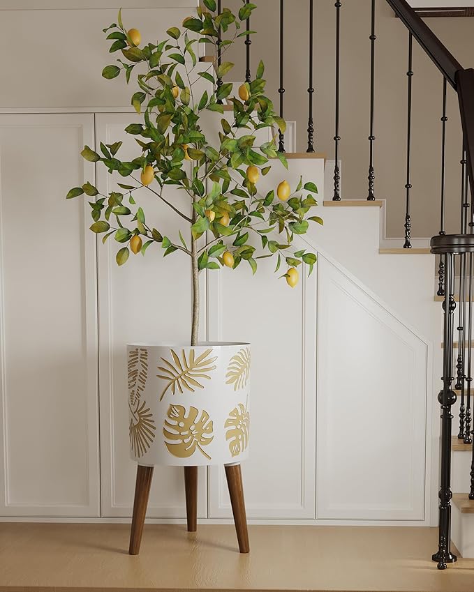 12 Inch Planter, Plant with Stand, Large Planters for Indoor Plants,Flower Pot with Drainage Holes for Outdoor,White and Gold
