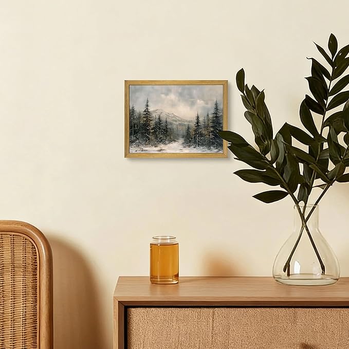 Framed Vintage Wall Art, Forest Landscape Canvas Wall Decor, Winter Pine Tree Poster Print Picture, Christmas Decor Painting for Living Room Bathroom Kitchen Home Decor 8x10 Inch