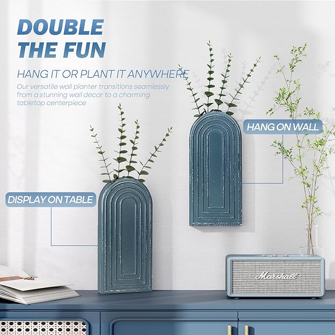 EOSAHR Pine Wood Wall Vases Set of 2 – Boho Decor Wall Planters for Indoor Plants & Flowers – Farmhouse Hanging Vases for House Decorations Living Room, Bedroom, Kitchen & Office (Denim Blue)