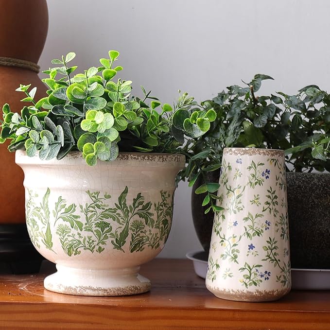 Vintage Ceramic Ice Crack Flower Pot with Drainage Hole Rustic Planter for Indoor and Outdoor Decorative Pots for Plants Unique Plant Pot Gardening Gift