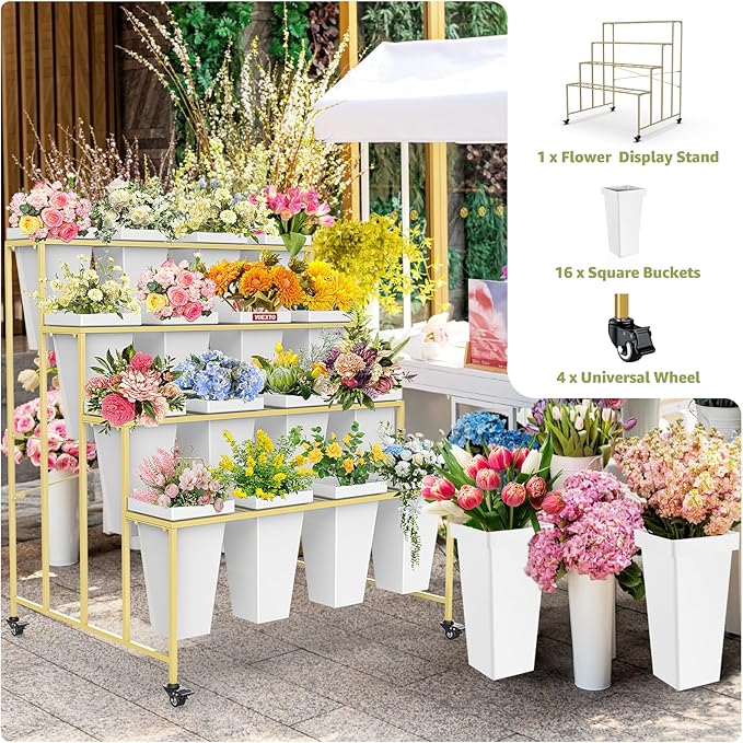 4 Layers Flower Display Stand with Buckets, 16 PCS Buckets Plant Stand with Wheels, Movable Metal Plant Stand for Terrace Garden, Living Room, Florist Shop
