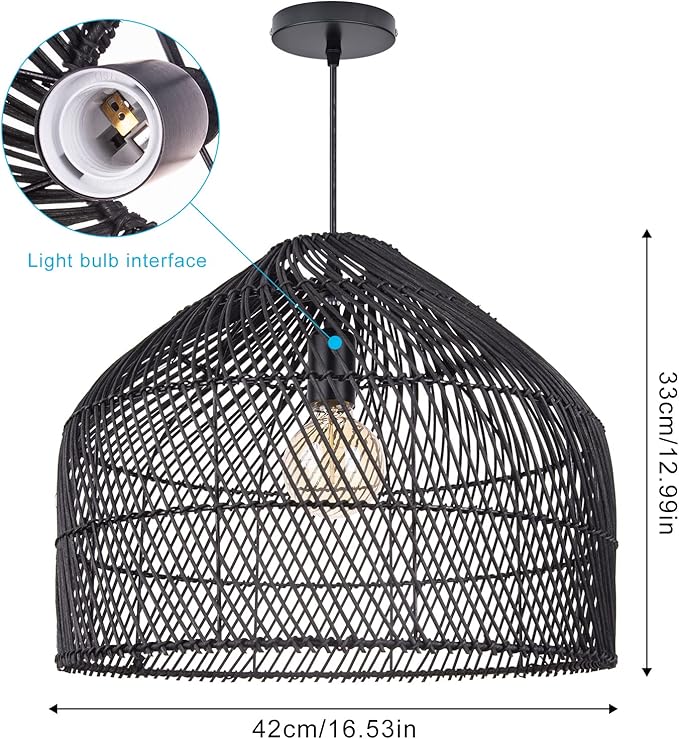 Arturesthome Black Rattan Pendant Lights Lampshade, Wicker Boho Chandelier for Kitchen Island Dining Room Entryway Foyer W 16.5"* H13